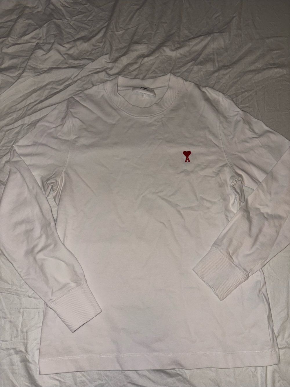 Ami White Long-Sleeve Tee with Small Red Heart Logo
